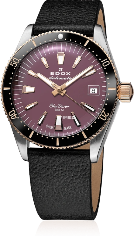 EDOX,Skydiver 38mm,38mm,Stainless Steel,Purple Red,Automatic,Day,41hours,80131,80131-357RNRC-VIO