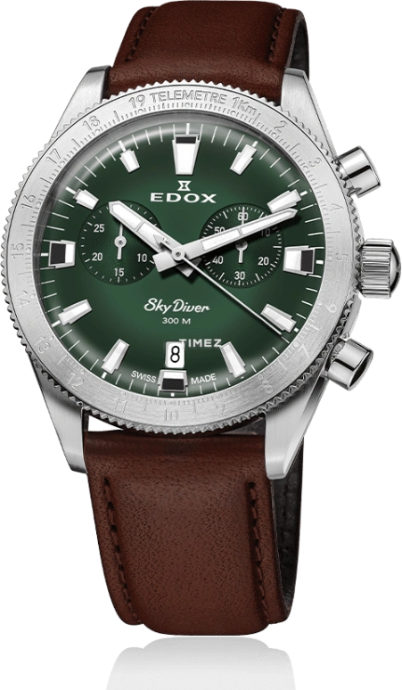 EDOX,Skydiver 40mm,40mm,Stainless Steel,Green,Quartz,Chronograph,Day,10116,10116-3-VIDN
