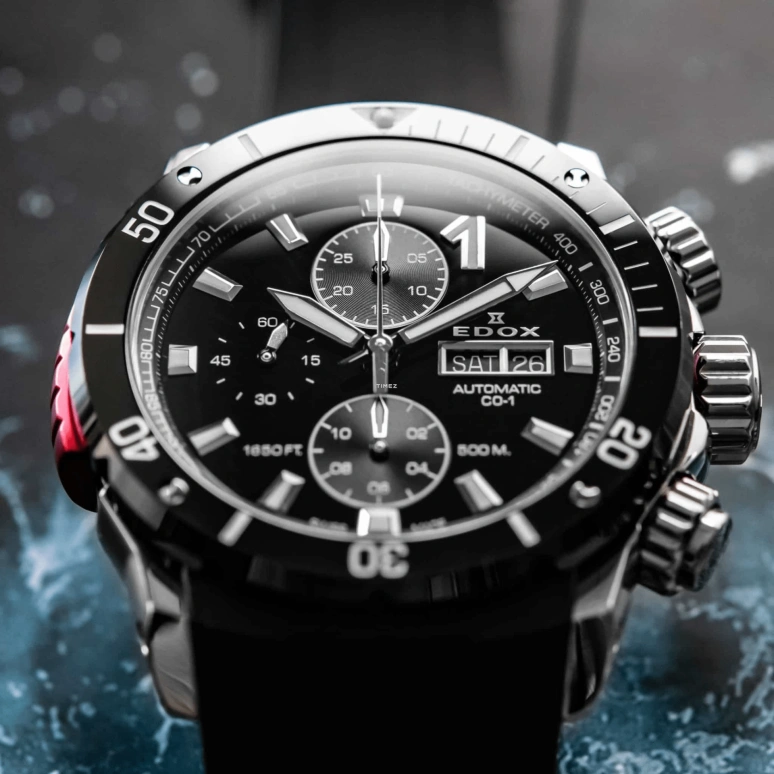 EDOX,CO-1 45mm,45mm,Stainless Steel,Black,Automatic,Chronograph,Date,Day,01128,01128-3NRCA-NN
