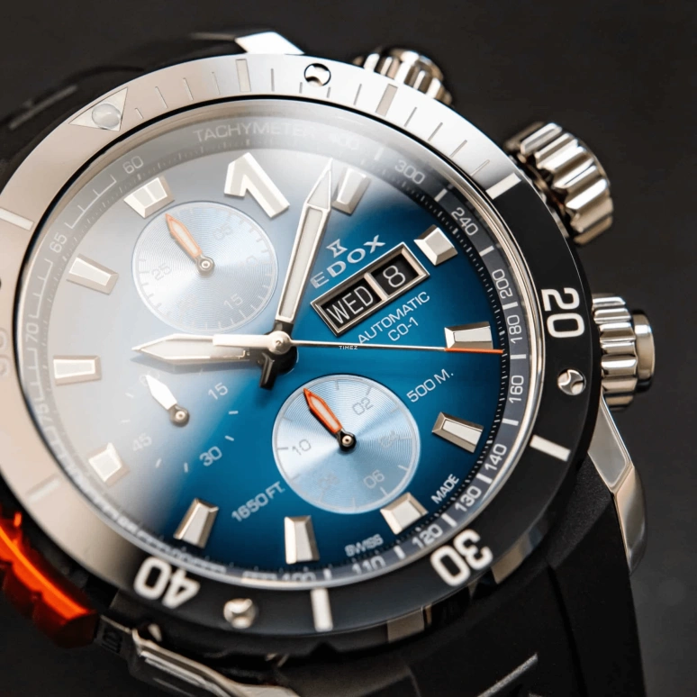 EDOX,CO-1 45mm,45mm,Stainless Steel,Blue,Automatic,Chronograph,Date,Day,01128,01128-3NOCA-BUIDN