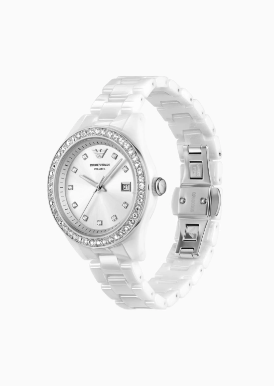 EMPORIO ARMANI,woman 36mm,36mm,Ceramic,Stainless Steel,Silver,Quartz,Day,Hardlex,Crystal Glass,AR70014 NLP NLC