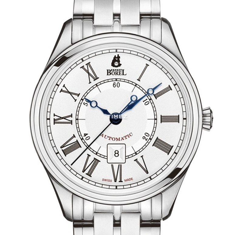 Ernest Borel,Retro 34.50mm,34.50mm,Stainless Steel,White,Automatic,Day,Sapphire,Crystal Glass,LS8180,LS8180-251
