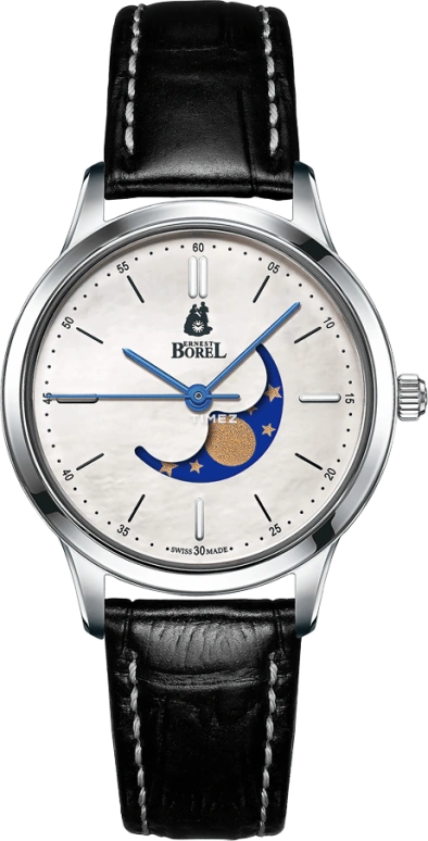 Ernest Borel,Danaus 29mm,29mm,Stainless Steel,Silver White,Quartz,Moonphase,Sapphire,Crystal Glass,LS880,LS880-411BK