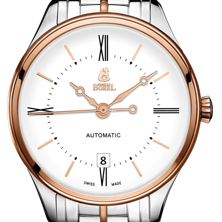 Ernest Borel,Retro 40.50mm,40.50mm,Stainless Steel,White,Automatic,Day,Sapphire,Crystal Glass,GBR8180,GBR8180-412
