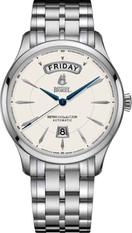 Ernest Borel,Retro 42mm,42mm,Stainless Steel,Silver White,Automatic,Date,Day,N0417G0F,N0417G0F-MS4S