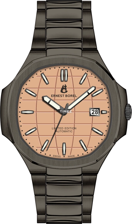 Ernest Borel,Retro 46.50x42.50mm,46.50x42.50mm,Stainless Steel,Salmon,Automatic,Day,Sapphire,Crystal Glass,N0404GLR,N0404GLR-MZ9W