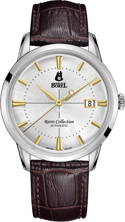 Ernest Borel,Retro 40mm,40mm,Stainless Steel,Silver,Automatic,Day,Crystal Glass,GS8580,GS8580-213BR
