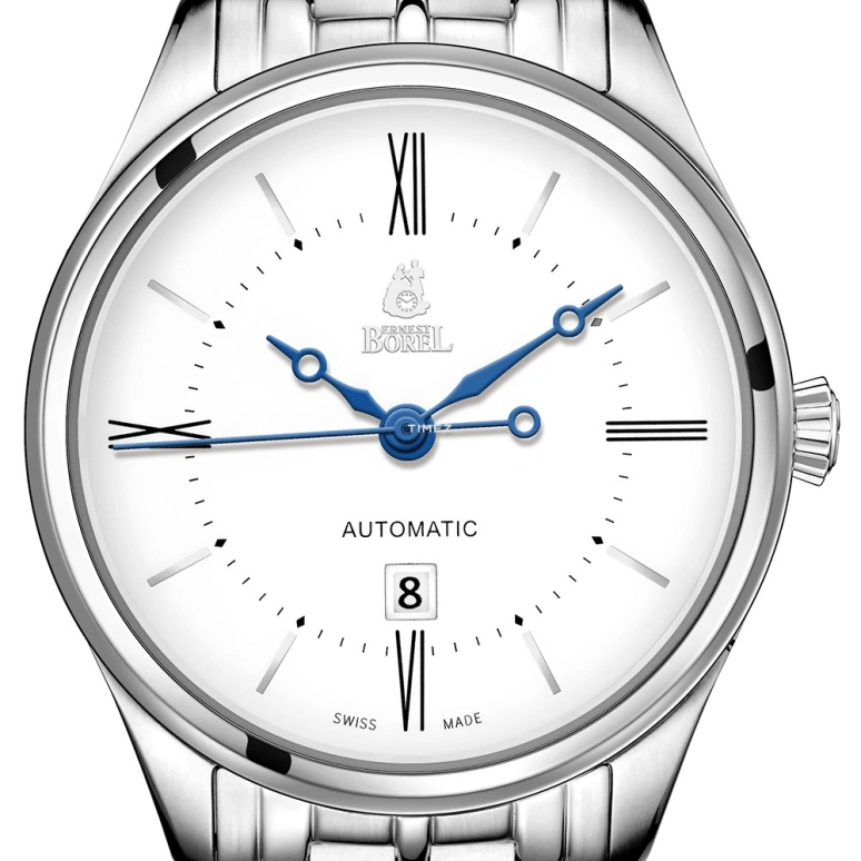 Ernest Borel,Retro 34.50mm,34.50mm,Stainless Steel,White,Automatic,Day,Sapphire,Crystal Glass,LS8180,LS8180-411
