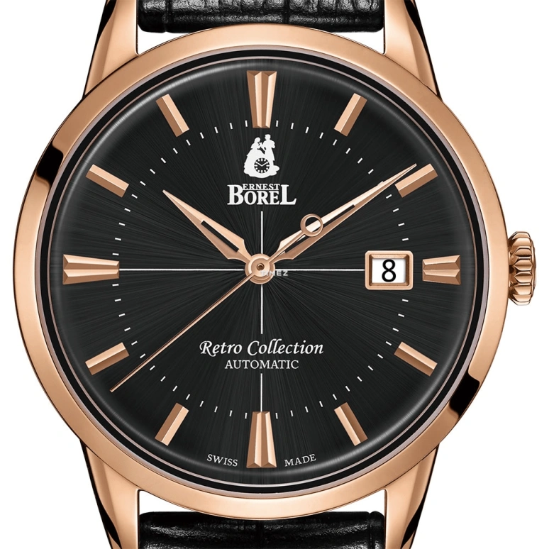 Ernest Borel,Retro 40mm,40mm,Stainless Steel,Black,Automatic,Day,Sapphire,Crystal Glass,GGR8580,GGR8580-511BK
