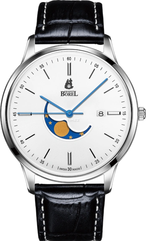 Ernest Borel,Danaus 40mm,40mm,Stainless Steel,White,Quartz,Moonphase,Day,GS880,GS880-211BK