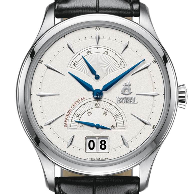 Ernest Borel,Retro 42mm,42mm,Stainless Steel,Cream,Quartz,Date,Power Reserve Indicator,Big Date,Retrograde,Sapphire,Crystal Glass,Round,GS907,GS907-28121BK