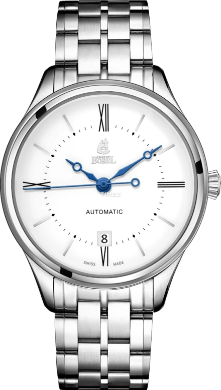 Ernest Borel,Retro 40.50mm,40.50mm,Stainless Steel,White,Automatic,Day,Sapphire,Crystal Glass,N0406G0A,N0406G0A-MS4S