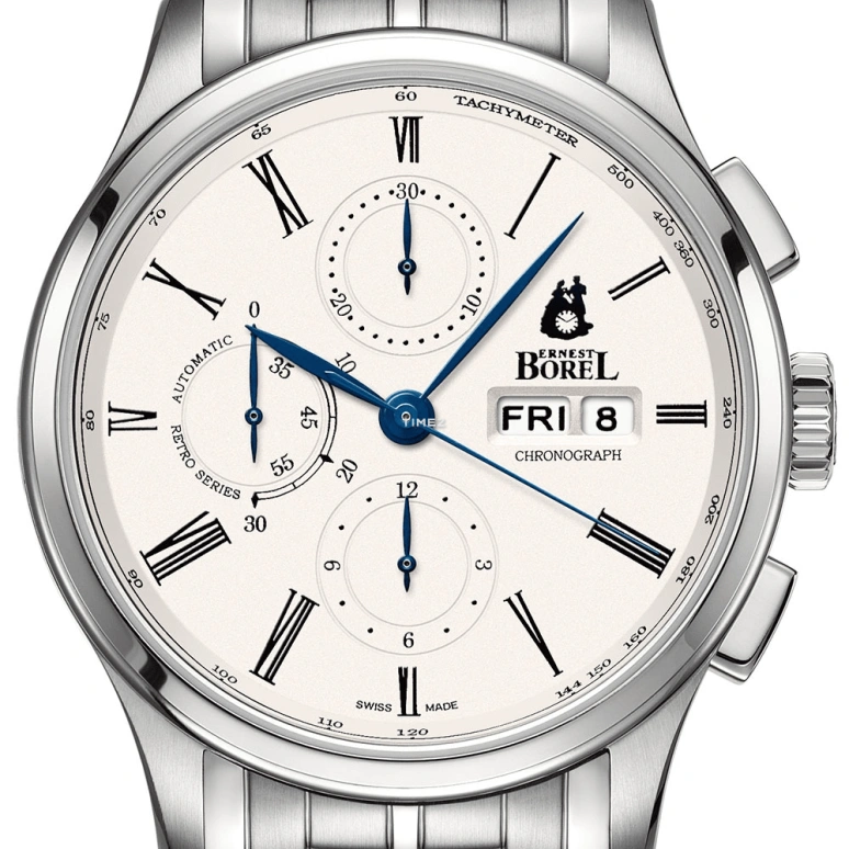 Ernest Borel,Retro 42mm,42mm,Stainless Steel,Cream,Automatic,Chronograph,Date,Day,GS8780R6,GS8780R6-28551