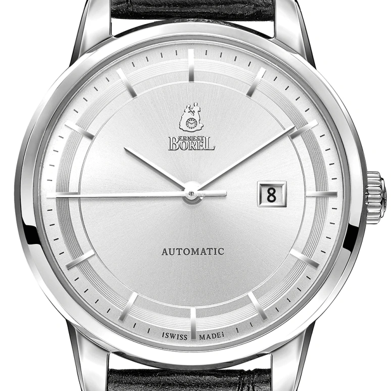 Ernest Borel,Yally 30mm,30mm,Stainless Steel,Silver,Automatic,Day,Crystal Glass,Sapphire,LS5690,LS5690-211BK