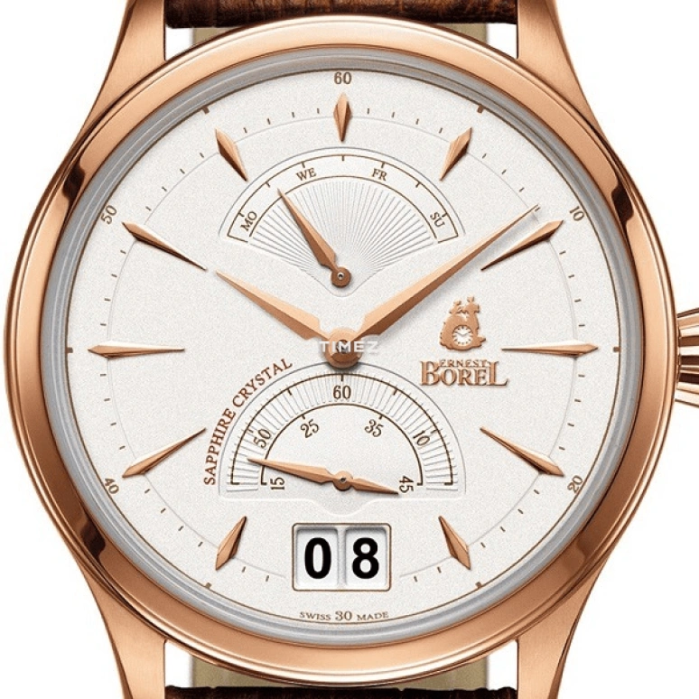 Ernest Borel,Retro 42mm,42mm,Stainless Steel,Cream,Quartz,Date,Power Reserve Indicator,Big Date,Retrograde,Sapphire,Crystal Glass,Round,GGR907,GGR907-98191BR