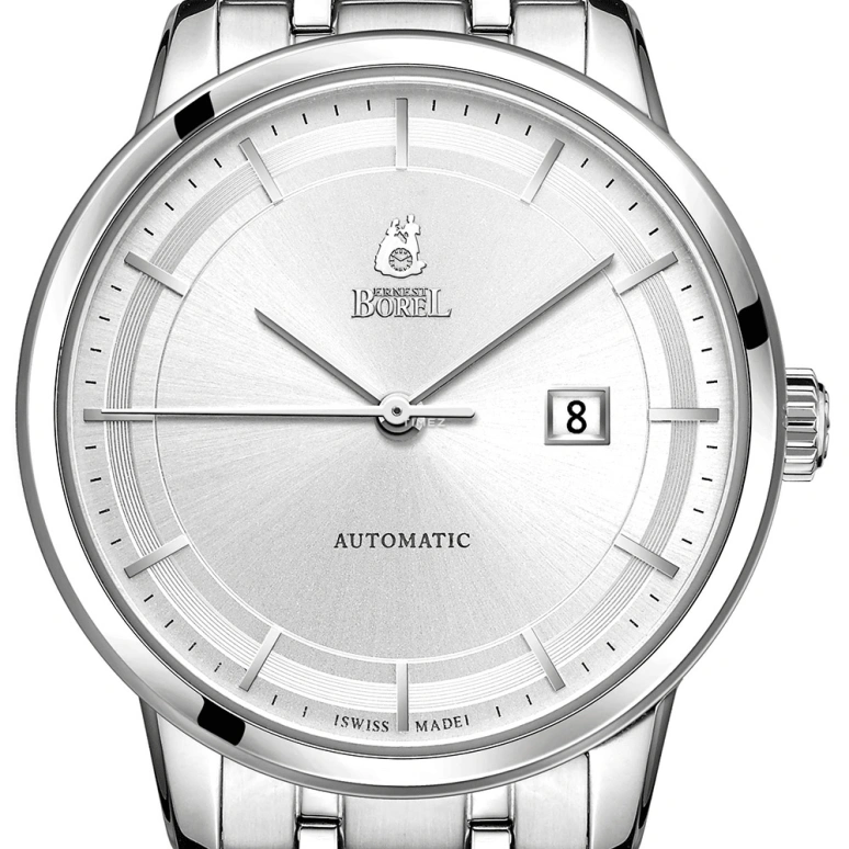 Ernest Borel,Yally 30mm,30mm,Stainless Steel,Silver,Automatic,Day,Sapphire,Crystal Glass,LS5690,LS5690-211