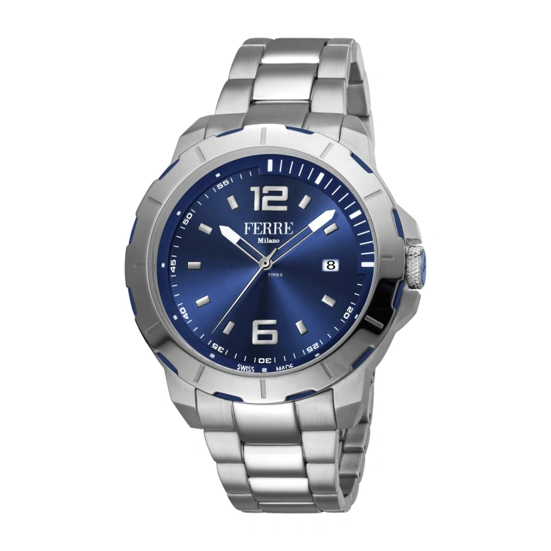 Ferre Milano,Mens 45mm,45mm,Stainless Steel,Blue,Quartz,Day,Hardlex,FM1G107M0071