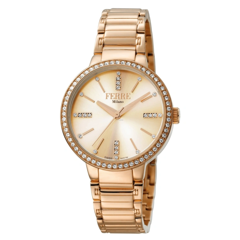 Ferre Milano,Womens 34mm,34mm,Stainless Steel,Rose Gold,Quartz,Hardlex,Round,FM1L084M0081