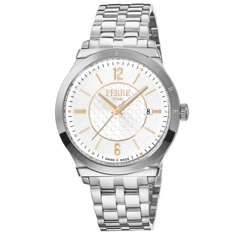 Ferre Milano,Mens 42mm,42mm,Stainless Steel,White,Quartz,Day,Hardlex,FM1G066M0061