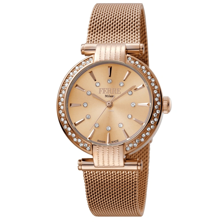 Ferre Milano,Womens 34mm,34mm,Stainless Steel,Rose Gold,Quartz,Hardlex,Round,FM1L096M0081