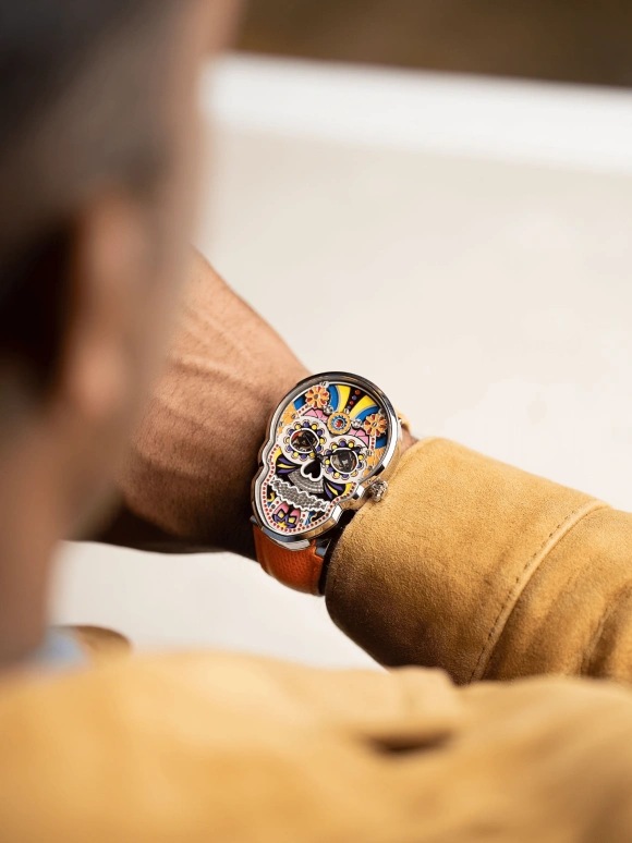 Fiona Krüger,Skull 57.40x41.30mm,57.40x41.30mm,Stainless Steel,Multi-Color,Automatic,Day,Sapphire,CELEBRATION SKULL