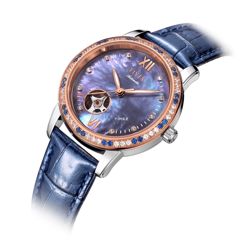 FIYTA,Photographer 35mm,35mm,Stainless Steel,Rose Gold,Blue,Automatic,Sapphire,Round,LA8366,LA8366.MLLS