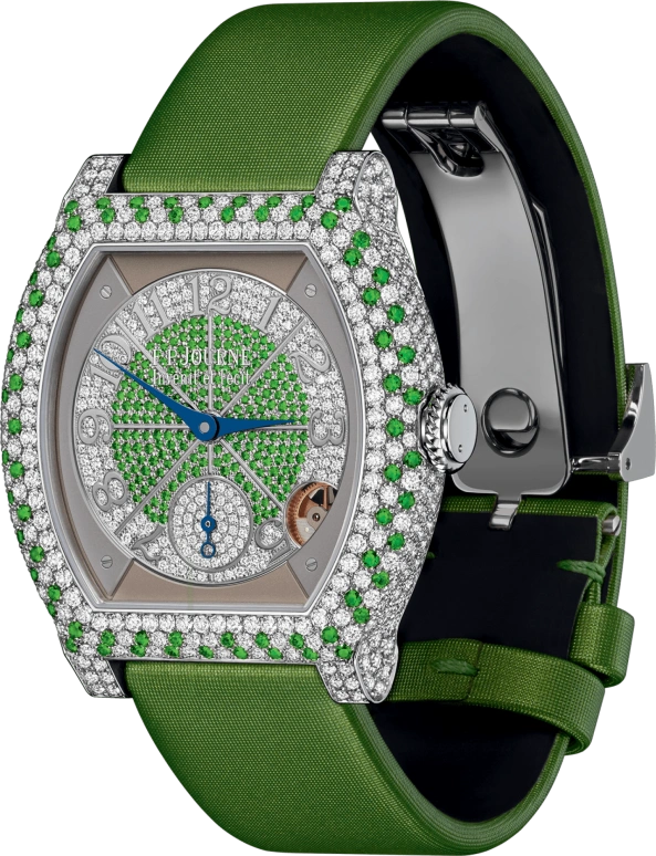 FP Journe,ELEGANTE 40x35mm,40x35mm,Platinum,Silver,Green,Quartz,Sapphire,Crystal Glass,Tonneau,1210 EL PT Tsavorite Satin FB Vrtcl HD