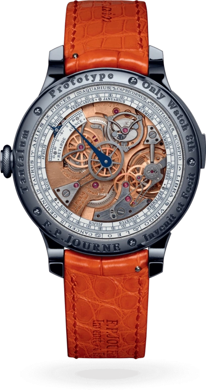 FP Journe,ONLY WATCH 44mm,44mm,Tantalum,Blue,Silver,Handwound,Moonphase,Annual Calendar,Month,Power Reserve Indicator,Sapphire,Crystal Glass,Round,1619 AST OW TT Cuir Orange Principal Face