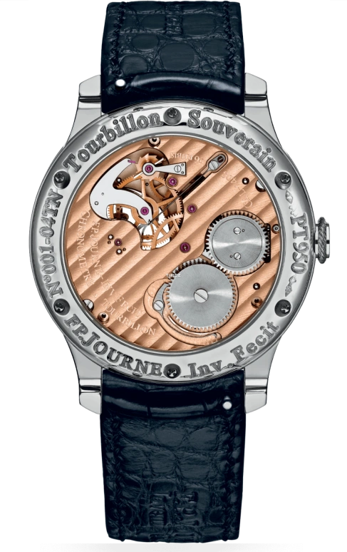 FP Journe,ACTION INNOCENCE 40mm,40mm,Platinum,Purple,Silver,Handwound,Power Reserve Indicator,Tourbillon,1403 TN PT Cuir AI Principale Face