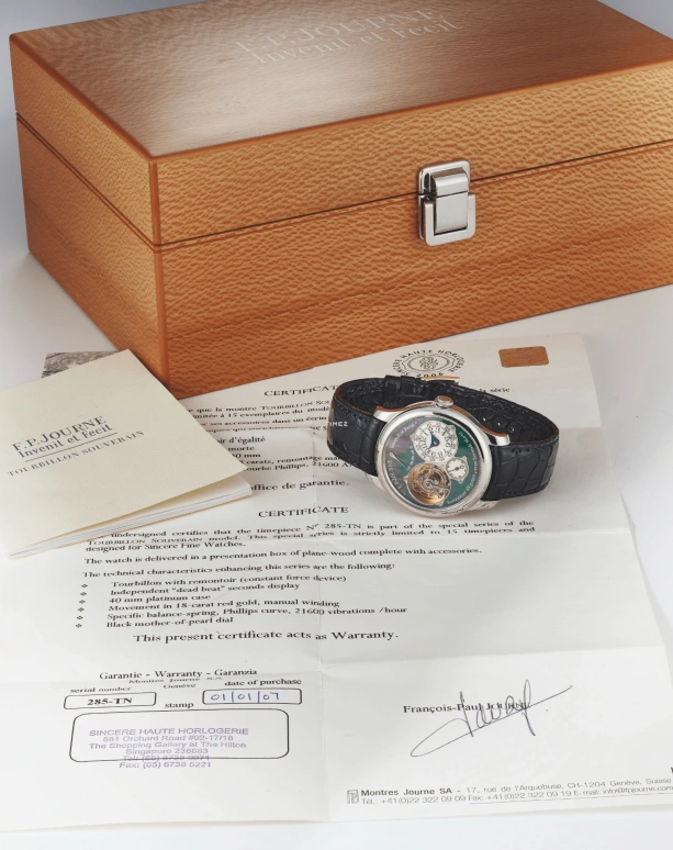FP Journe,CLASSIQUE 40mm,40mm,Platinum,Black,Handwound,Power Reserve Indicator,Tourbillon,Constant Force Mechanism,1403 285,1403 285-TN Tourbillon Souverain Mother Of Pearl