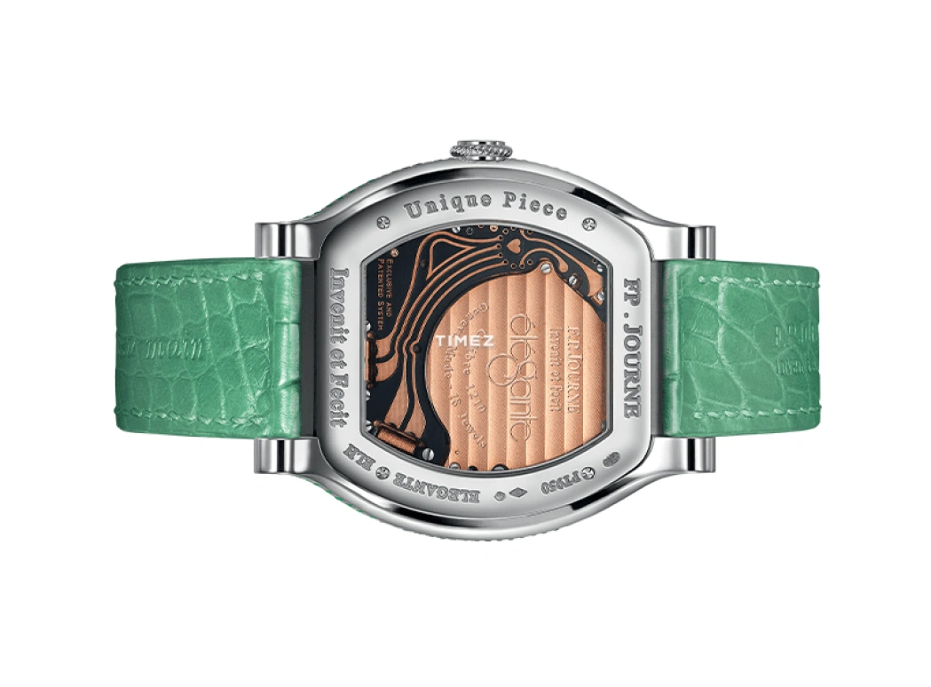 FP Journe,ELEGANTE 48x40mm,48x40mm,Platinum,Silver,White,Electromechanical,In-house Caliber,Sapphire,1210 ELH PT Sertie Cuir Oman