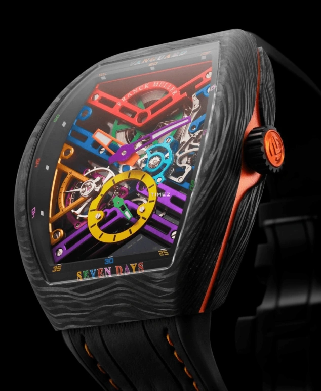 Franck Muller,VANGUARD 43mm,43mm,Carbon,Multi-Color,Skeleton,Handwound,Power Reserve Indicator,168hours,V 43 S6 SQT COL DR NR CARBON COL DR SKELETON OR