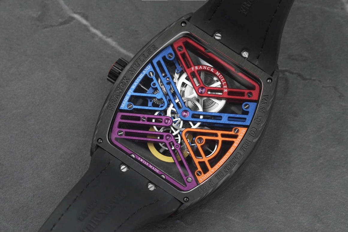 Franck Muller,VANGUARD 43mm,43mm,Carbon,Multi-Color,Skeleton,Handwound,Power Reserve Indicator,168hours,V 43 S6 SQT COL DR NR CARBON COL DR SKELETON OR