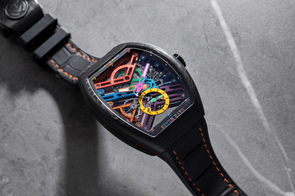 Franck Muller,VANGUARD 43mm,43mm,Carbon,Multi-Color,Skeleton,Handwound,Power Reserve Indicator,168hours,V 43 S6 SQT COL DR NR CARBON COL DR SKELETON OR