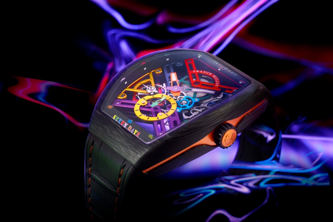 Franck Muller,VANGUARD 43mm,43mm,Carbon,Multi-Color,Skeleton,Handwound,Power Reserve Indicator,168hours,V 43 S6 SQT COL DR NR CARBON COL DR SKELETON OR