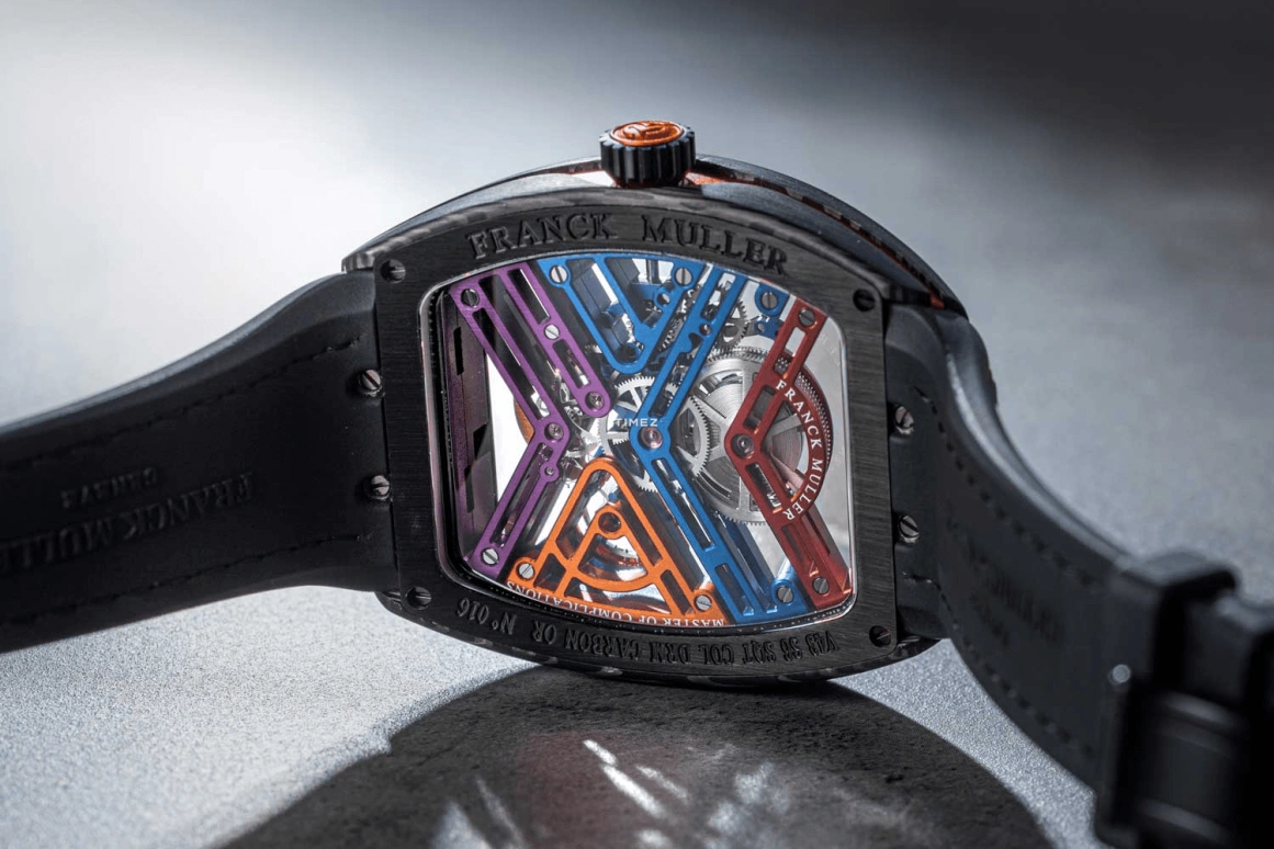 Franck Muller,VANGUARD 43mm,43mm,Carbon,Multi-Color,Skeleton,Handwound,Power Reserve Indicator,168hours,V 43 S6 SQT COL DR NR CARBON COL DR SKELETON OR