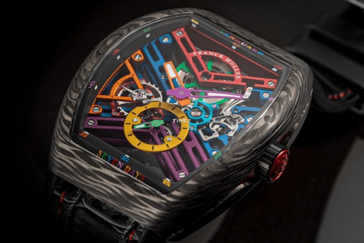 Franck Muller,VANGUARD 43mm,43mm,Carbon,Skeleton,Multi-Color,Handwound,Power Reserve Indicator,168hours,V 43 S6 SQT COL DR NR CARBON COL DR SKELETON ER