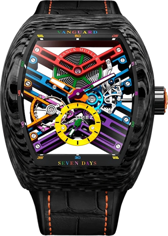 Franck Muller,VANGUARD 43mm,43mm,Carbon,Multi-Color,Skeleton,Handwound,Power Reserve Indicator,168hours,V 43 S6 SQT COL DR NR CARBON COL DR SKELETON OR