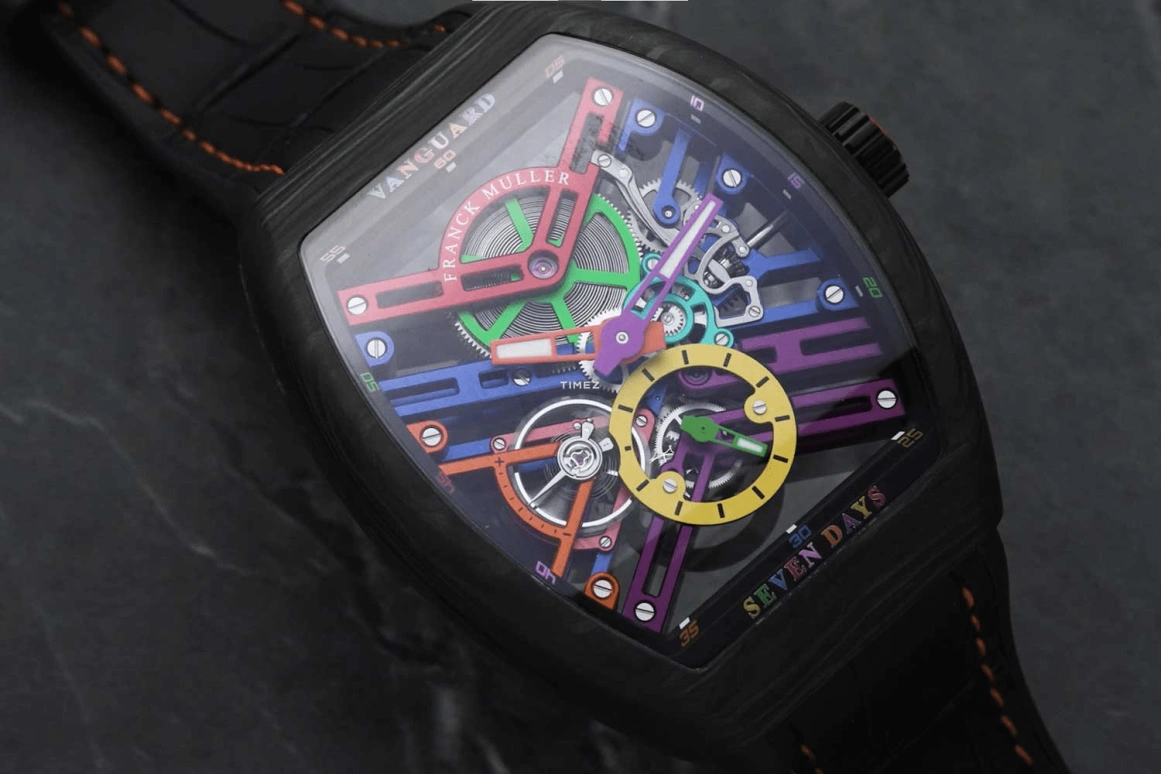 Franck Muller,VANGUARD 43mm,43mm,Carbon,Multi-Color,Skeleton,Handwound,Power Reserve Indicator,168hours,V 43 S6 SQT COL DR NR CARBON COL DR SKELETON OR
