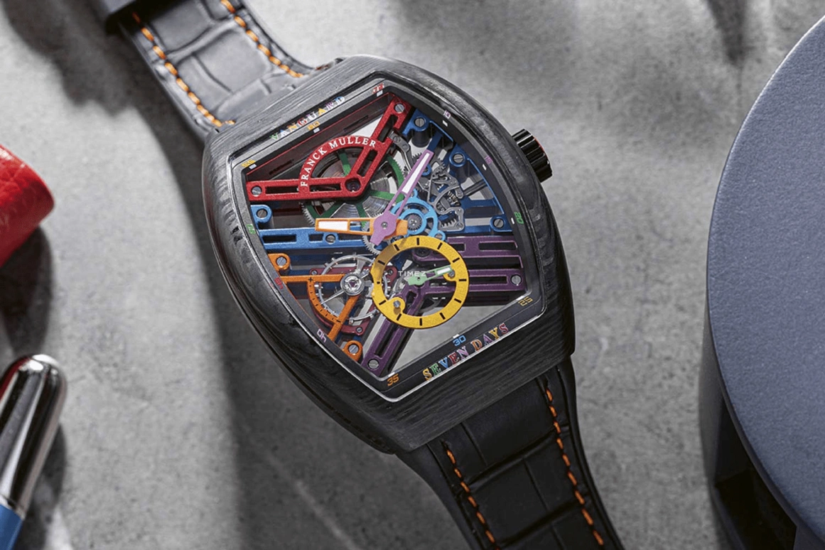 Franck Muller,VANGUARD 43mm,43mm,Carbon,Multi-Color,Skeleton,Handwound,Power Reserve Indicator,168hours,V 43 S6 SQT COL DR NR CARBON COL DR SKELETON OR