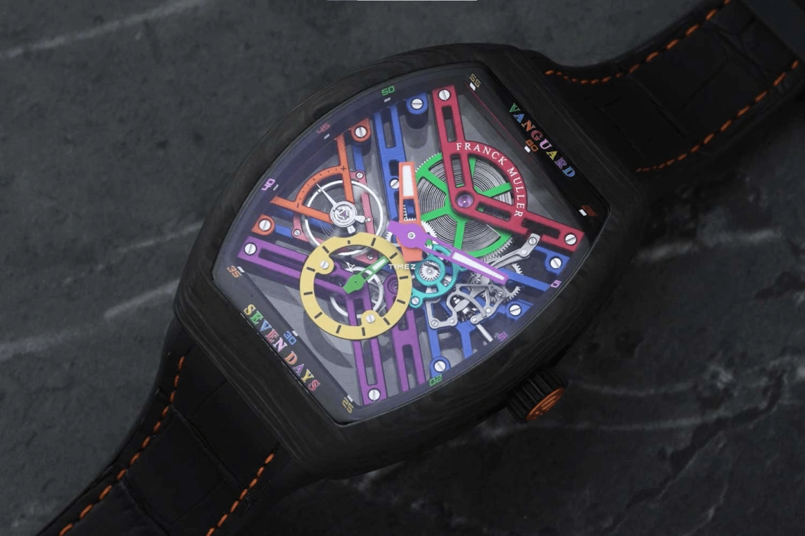 Franck Muller,VANGUARD 43mm,43mm,Carbon,Multi-Color,Skeleton,Handwound,Power Reserve Indicator,168hours,V 43 S6 SQT COL DR NR CARBON COL DR SKELETON OR