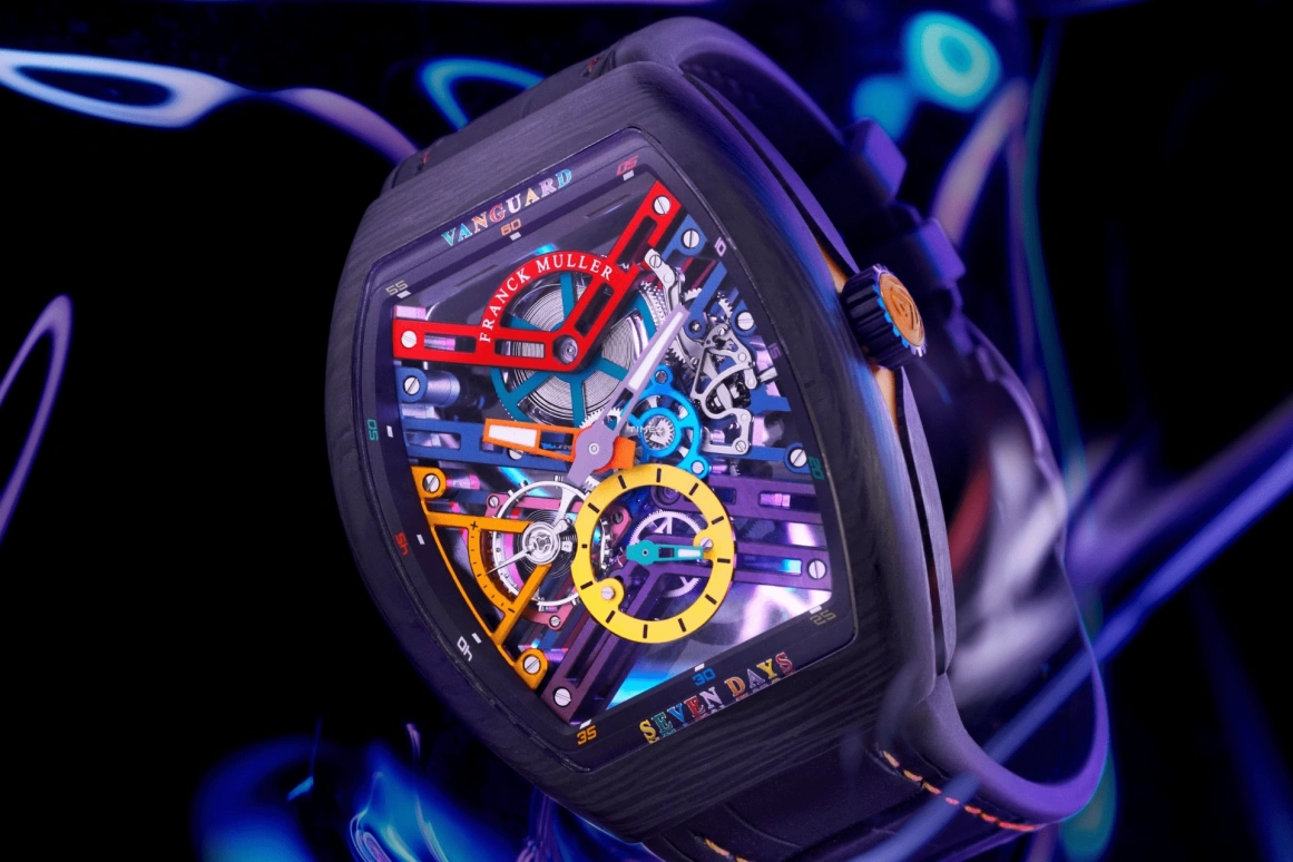 Franck Muller,VANGUARD 43mm,43mm,Carbon,Multi-Color,Skeleton,Handwound,Power Reserve Indicator,168hours,V 43 S6 SQT COL DR NR CARBON COL DR SKELETON OR