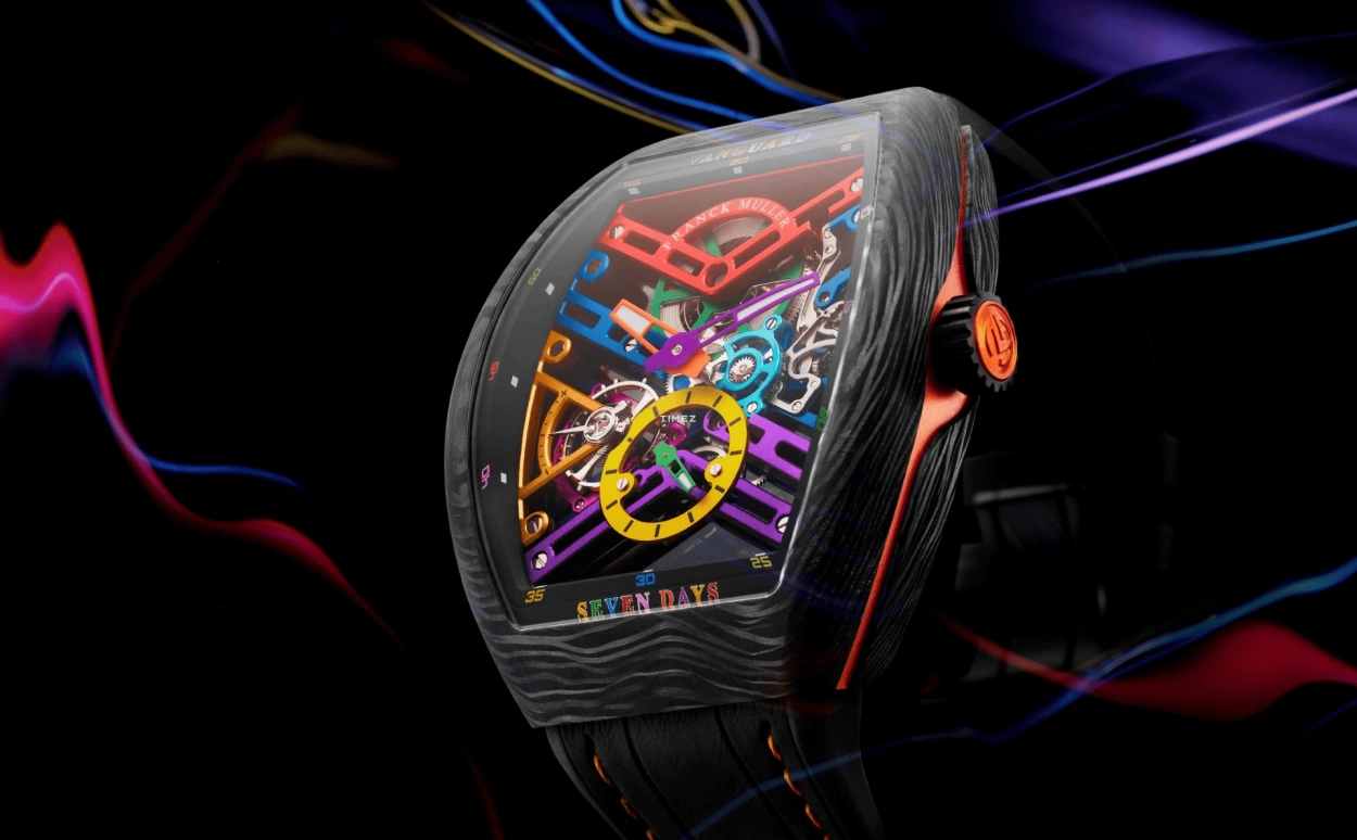 Franck Muller,VANGUARD 43mm,43mm,Carbon,Multi-Color,Skeleton,Handwound,Power Reserve Indicator,168hours,V 43 S6 SQT COL DR NR CARBON COL DR SKELETON OR