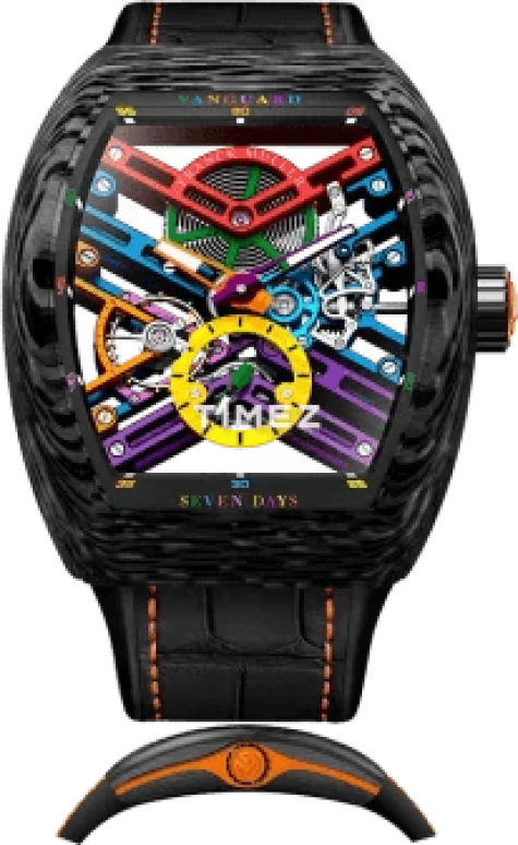 Franck Muller,VANGUARD 43mm,43mm,Carbon,Multi-Color,Skeleton,Handwound,Power Reserve Indicator,168hours,V 43 S6 SQT COL DR NR CARBON COL DR SKELETON OR
