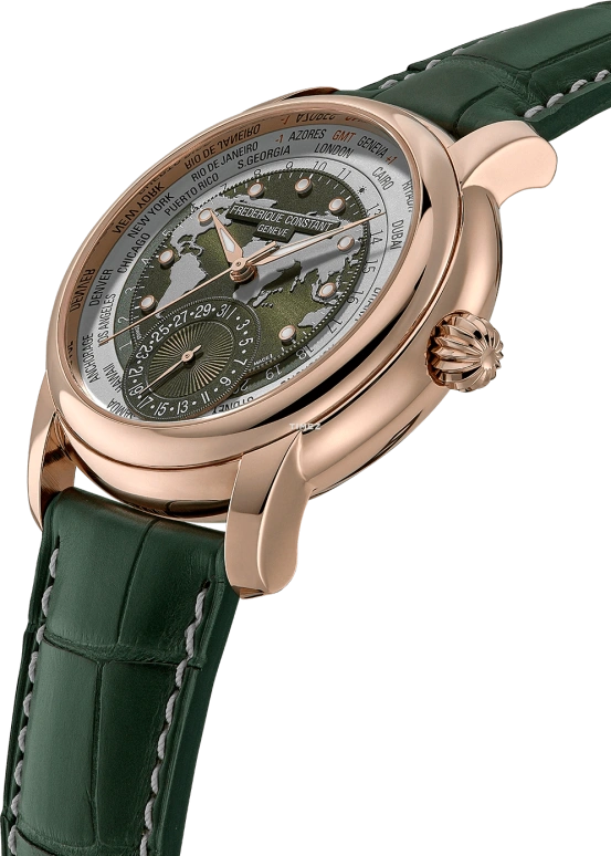 Frederique Constant,Classics 42mm,42mm,Rose Gold,White,Green,Automatic,Day,World Time,Day / Night Indication,FC,FC-718KWWM4H9
