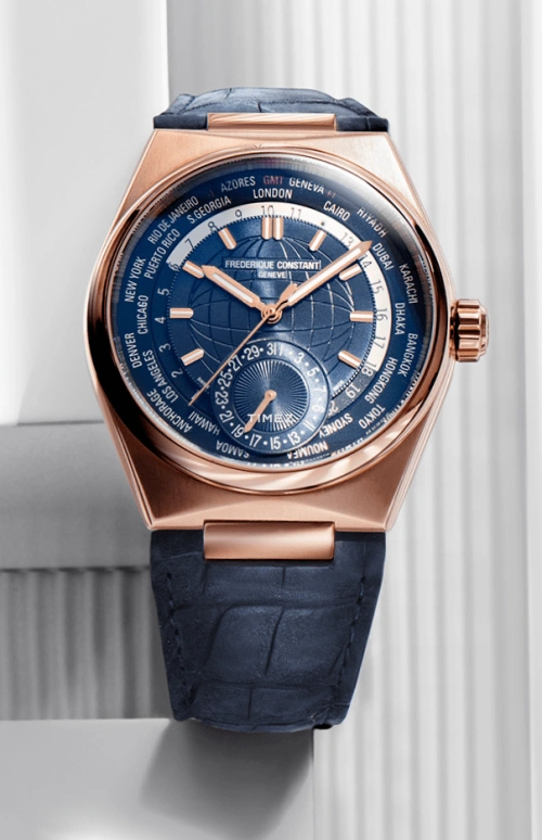 Frederique Constant,Other 41mm,41mm,Rose Gold,Blue,Automatic,Day,World Time,FC,FC-718BL4NH9