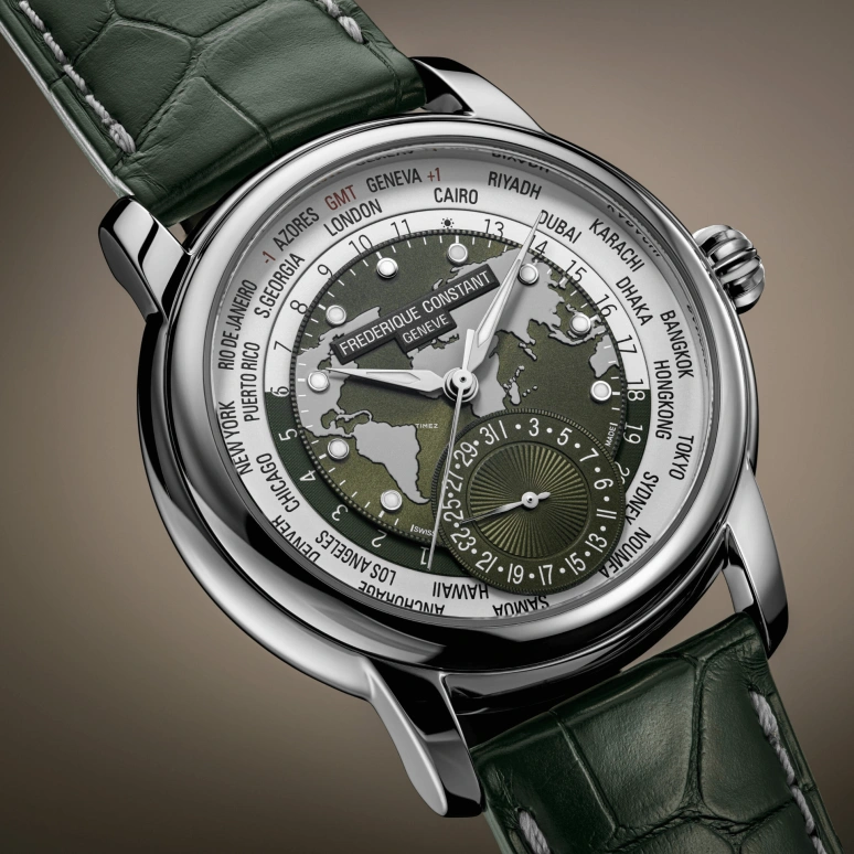 Frederique Constant,Classics 42mm,42mm,Stainless Steel,White,Green,Automatic,Day,World Time,Day / Night Indication,FC,FC-718KWM4H6