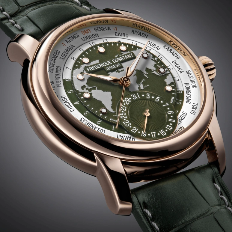 Frederique Constant,Classics 42mm,42mm,Rose Gold,White,Green,Automatic,Day,World Time,Day / Night Indication,FC,FC-718KWWM4H9