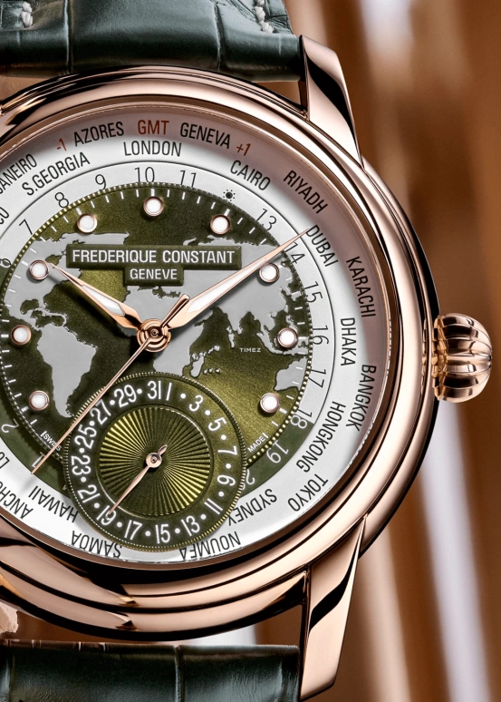 Frederique Constant,Classics 42mm,42mm,Rose Gold,White,Green,Automatic,Day,World Time,Day / Night Indication,FC,FC-718KWWM4H9