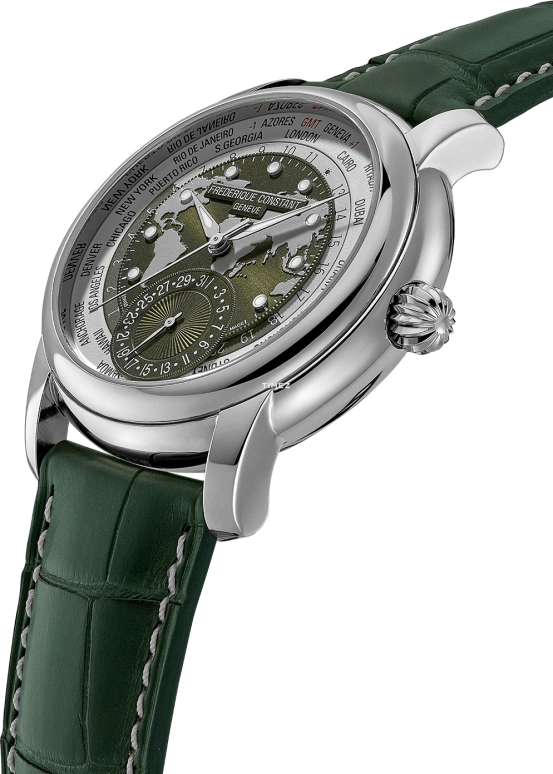 Frederique Constant,Classics 42mm,42mm,Stainless Steel,White,Green,Automatic,Day,World Time,Day / Night Indication,FC,FC-718KWM4H6